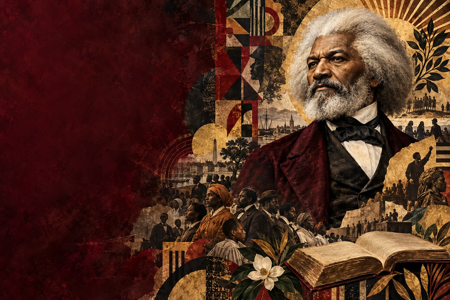 Artistic interpretation of Frederick Douglass surrounded by an open book and a collage of African American community life