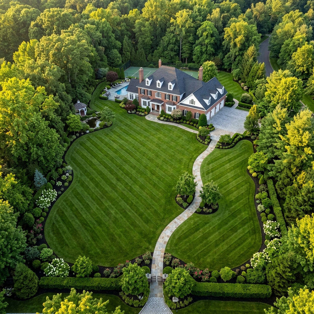 Aerial view manicured estate