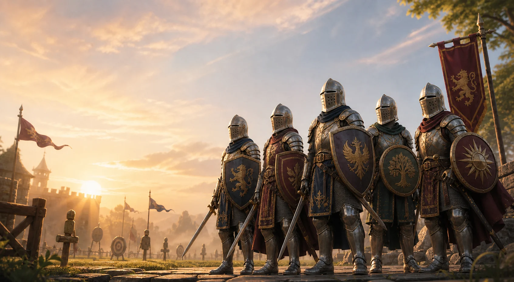 Five fully helmeted medieval-inspired knights standing in a European training yard at sunrise.