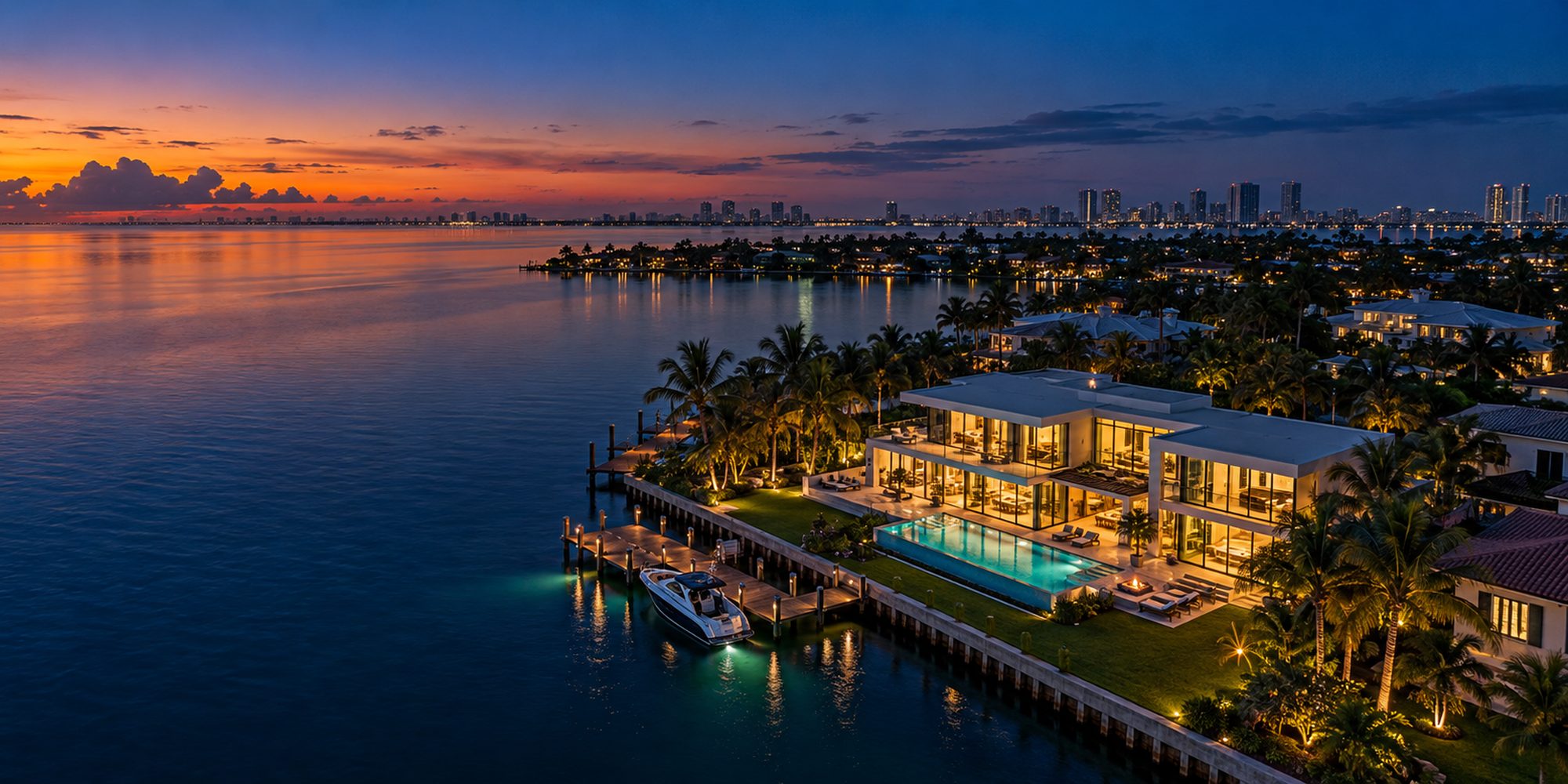 Aerial view at dusk of a waterfront home with a lit pool and private dock.