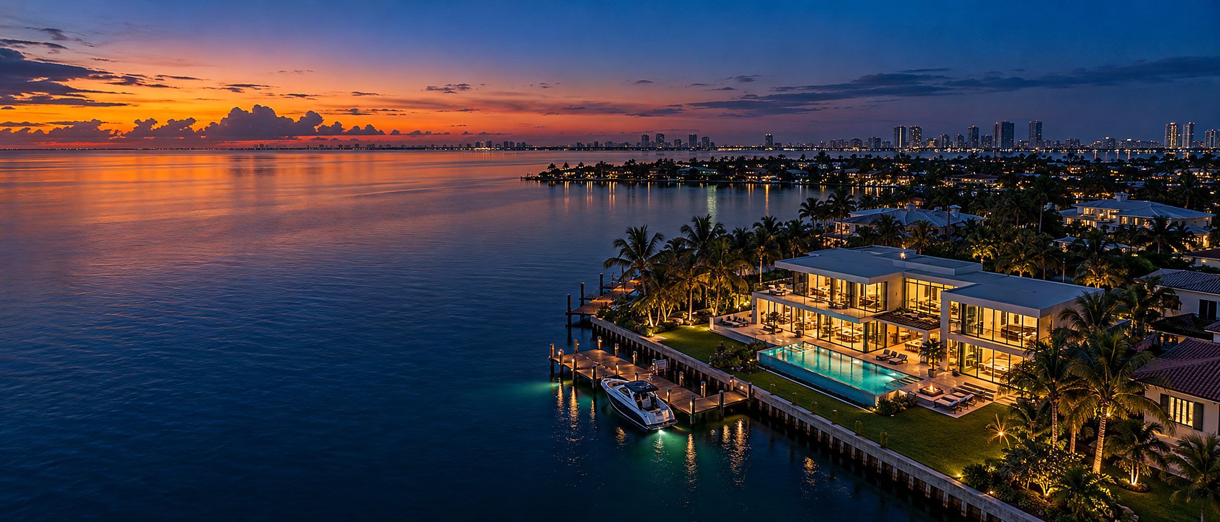 Aerial view at dusk, high above and at an angle, of a waterfront home with a lit pool and private dock.