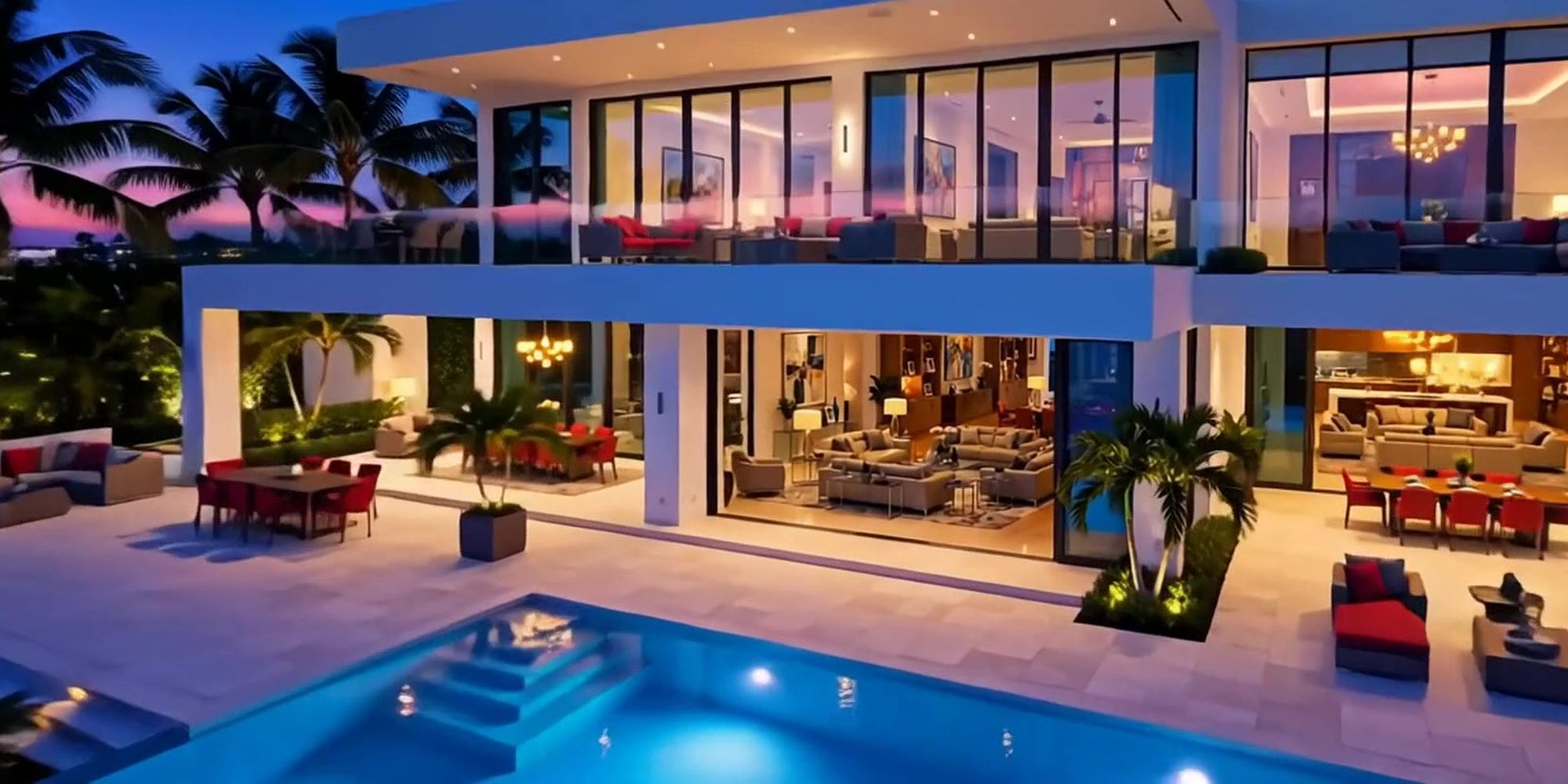 A modern white home at dusk with a lit pool and an open glass wall.