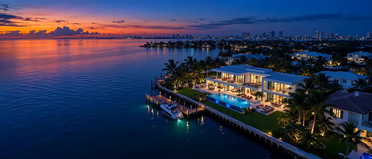 High aerial view at dusk over a waterfront neighborhood, with a modern white home and lit pool.