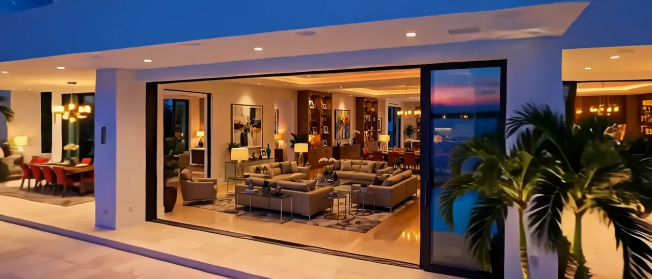 Descending past the lit pool toward the glass wall of the home.
