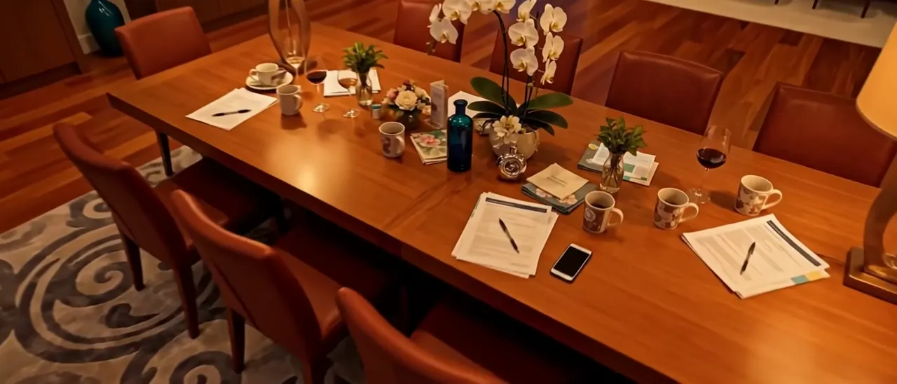 Inside the home, a dining table with a phone, papers and coffee cups under warm pendant lights.