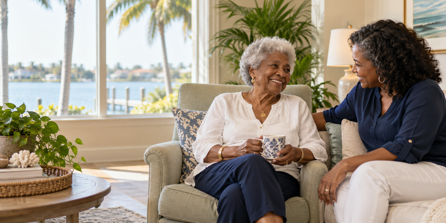 Older adult and daughter discussing support while aging at home in Southwest Florida