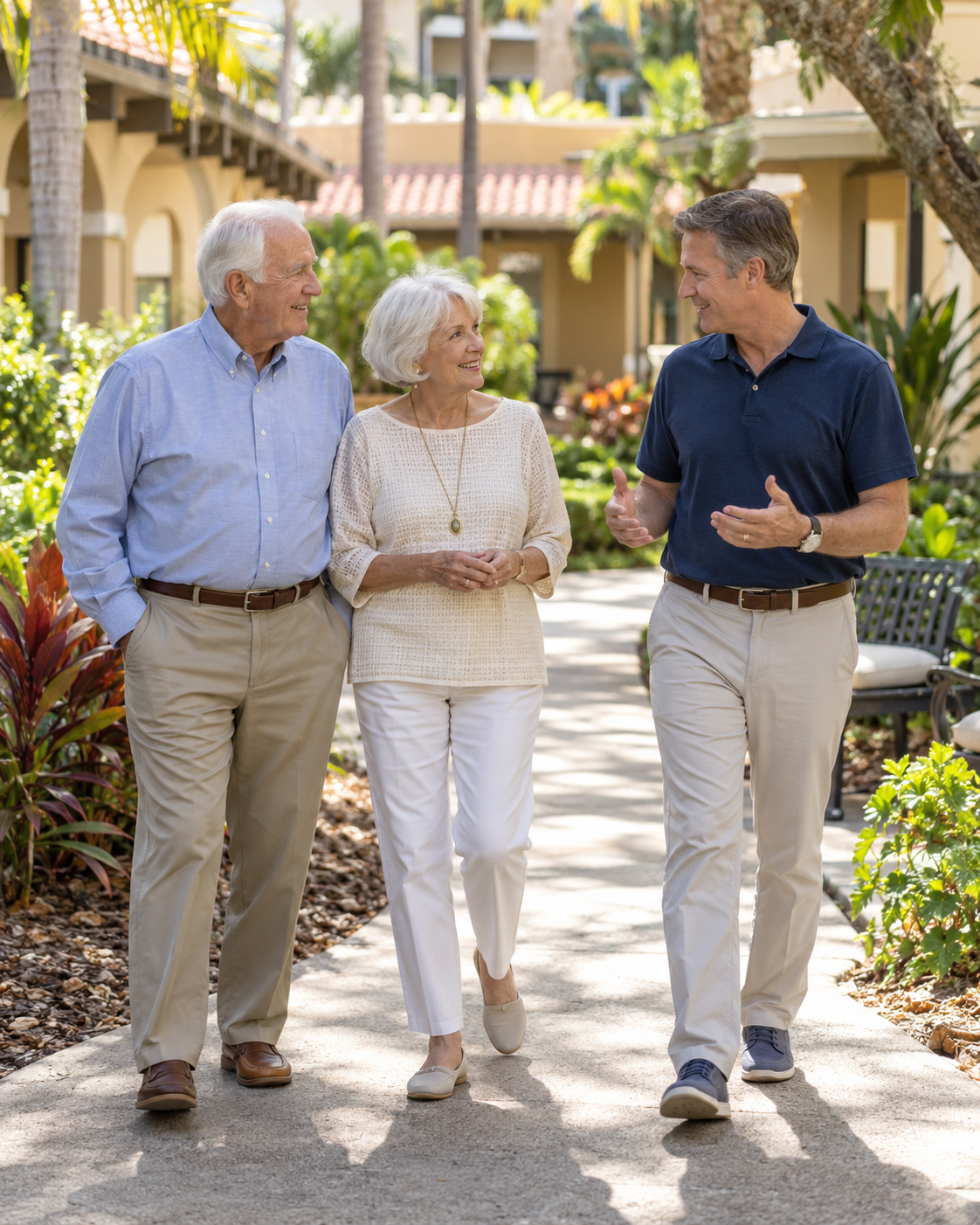 Older adults walking outdoors with a family member