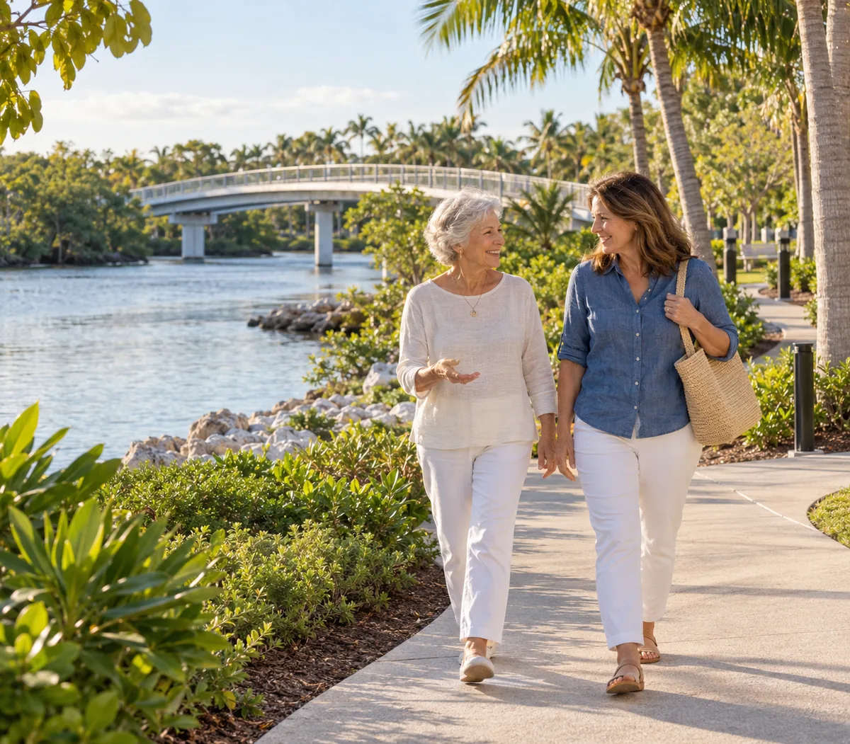 AI-generated illustration inspired by Baker Park in Naples, showing an older woman and adult daughter walking beside the Gordon River