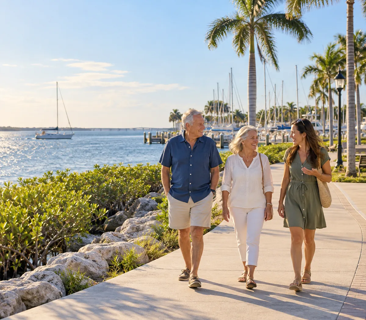 AI-generated illustration inspired by Punta Gorda Harborwalk, showing an older couple and adult daughter walking beside Charlotte Harbor
