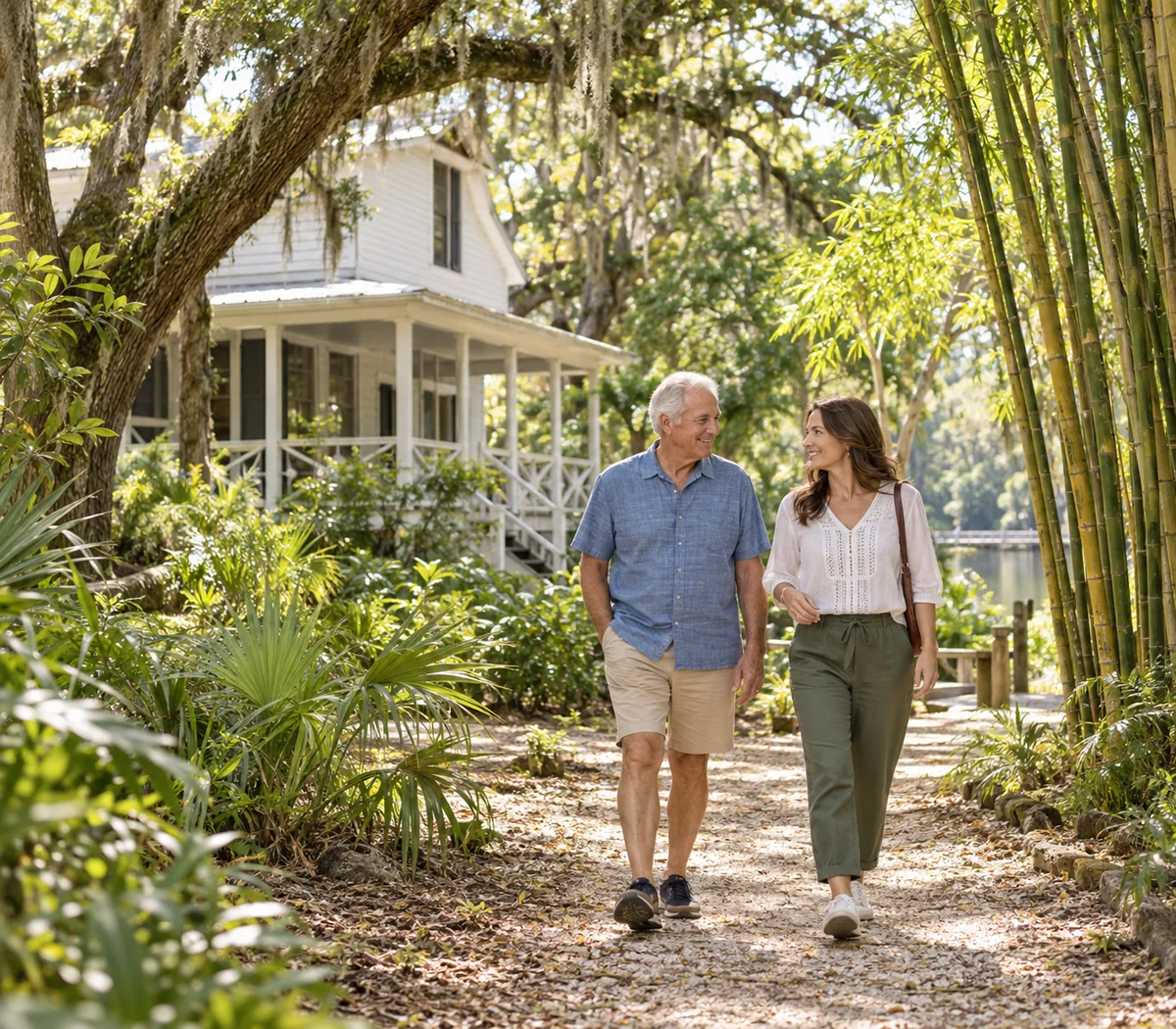 AI-generated illustration inspired by Koreshan State Park in Estero, showing an older man and adult daughter walking past a historic cottage and bamboo
