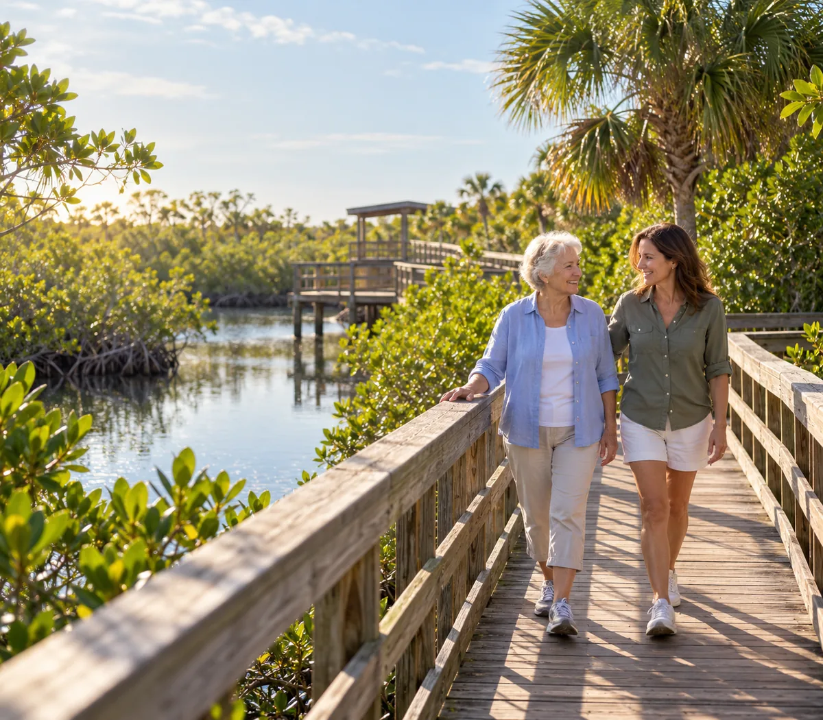 AI-generated illustration inspired by Four Mile Cove in Cape Coral, showing an older woman and adult daughter walking on a mangrove boardwalk