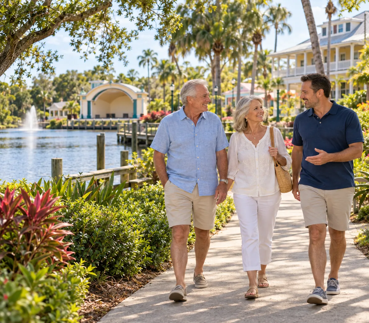 AI-generated illustration inspired by Riverside Park in Bonita Springs, showing an older couple and adult son walking beside the Imperial River