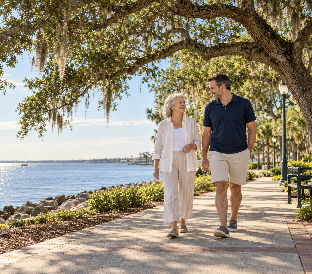 AI-generated illustration inspired by Bayshore Live Oak Park in Port Charlotte, showing an older woman and adult son walking under live oaks beside Charlotte Harbor