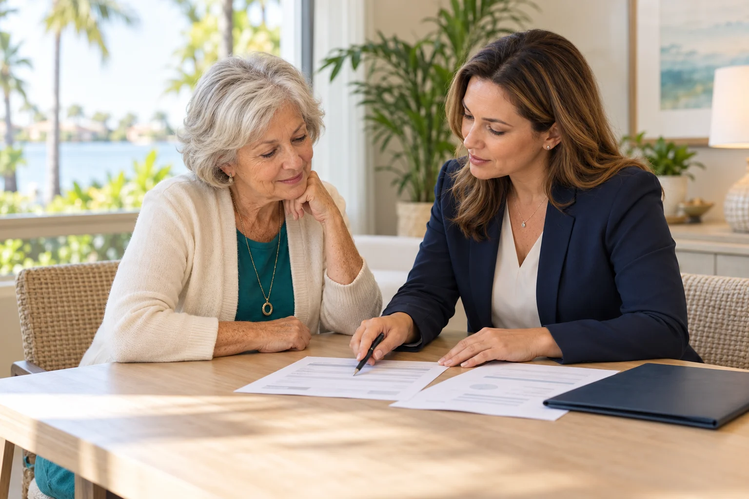 Illustration of an older woman reviewing senior care payment options with an advisor at a table.
