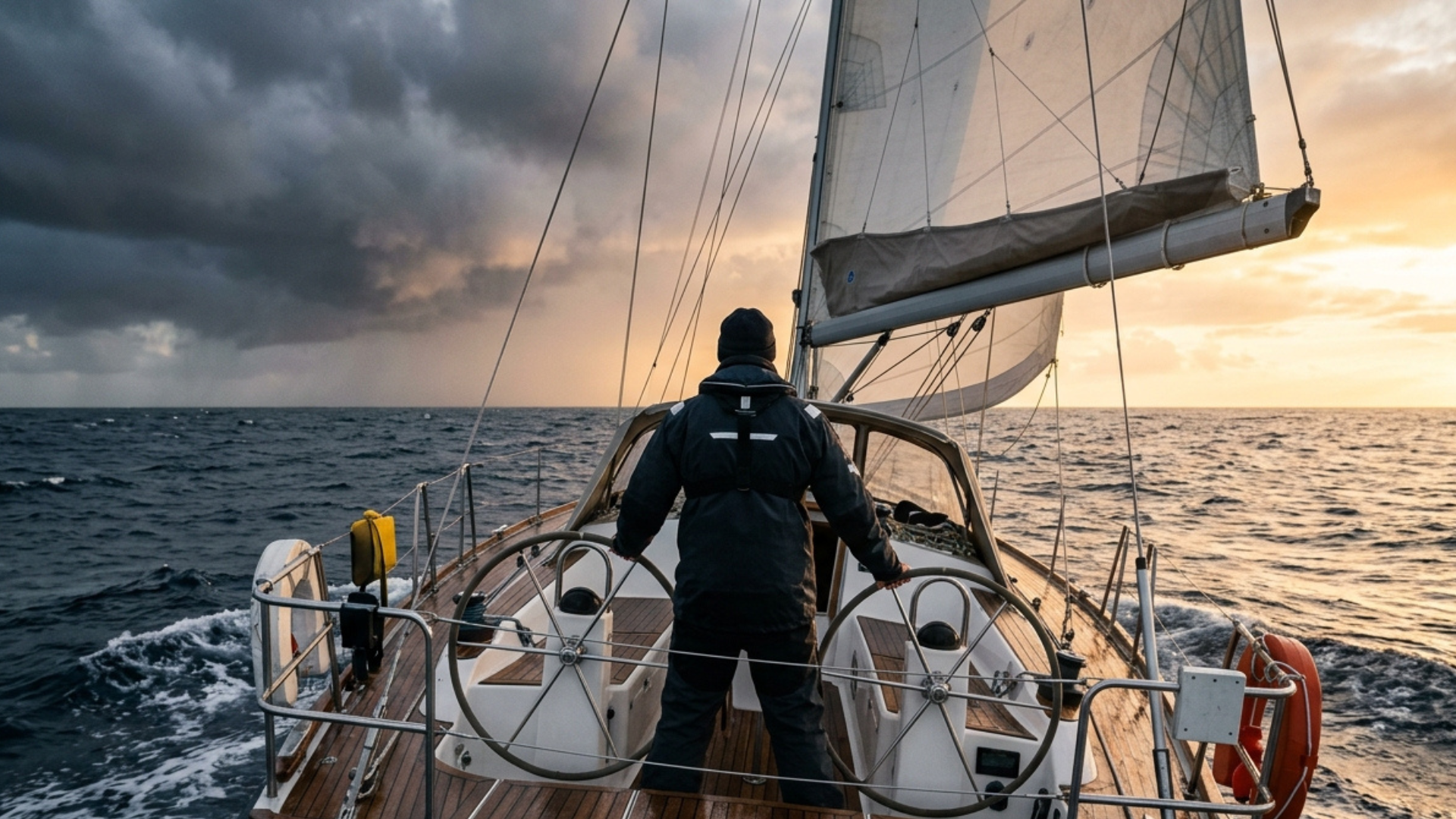 A lone captain traversing the rough ocean