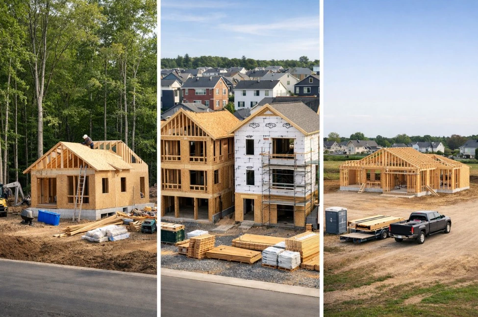 A three-panel image showing residential homes in various stages of wood-frame construction.