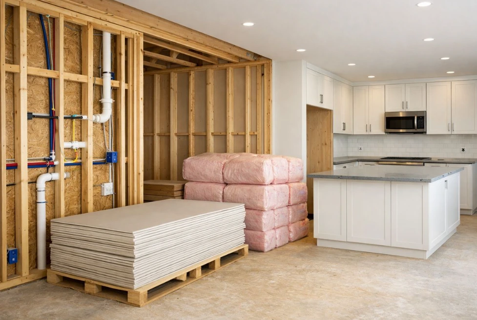 A stack of drywall sheets on a wooden pallet and pink insulation rolls next to exposed wall framing during a kitchen renovation