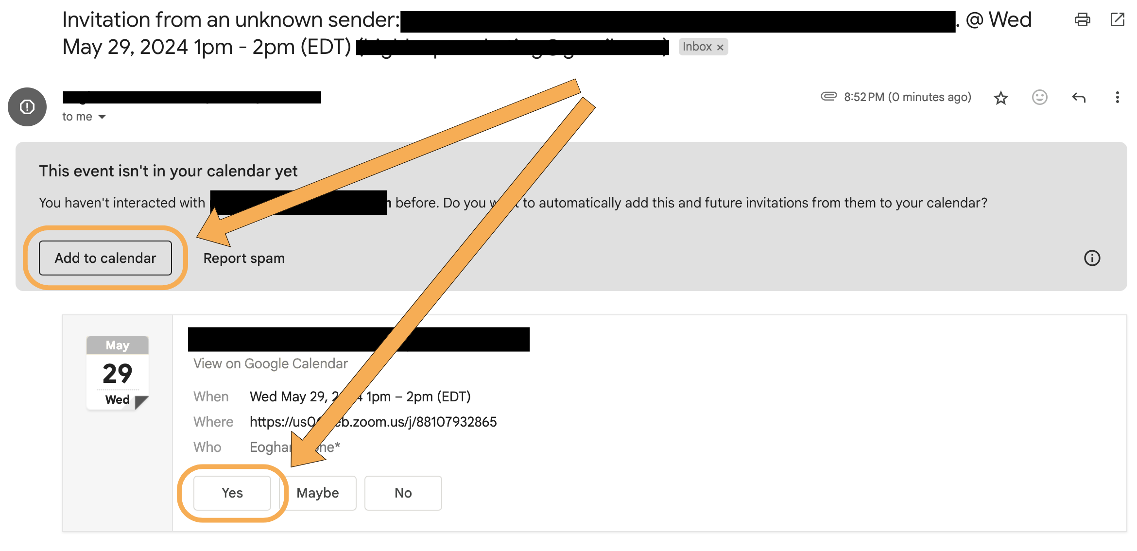 Gmail calendar invitation with Add to calendar and Yes buttons circled