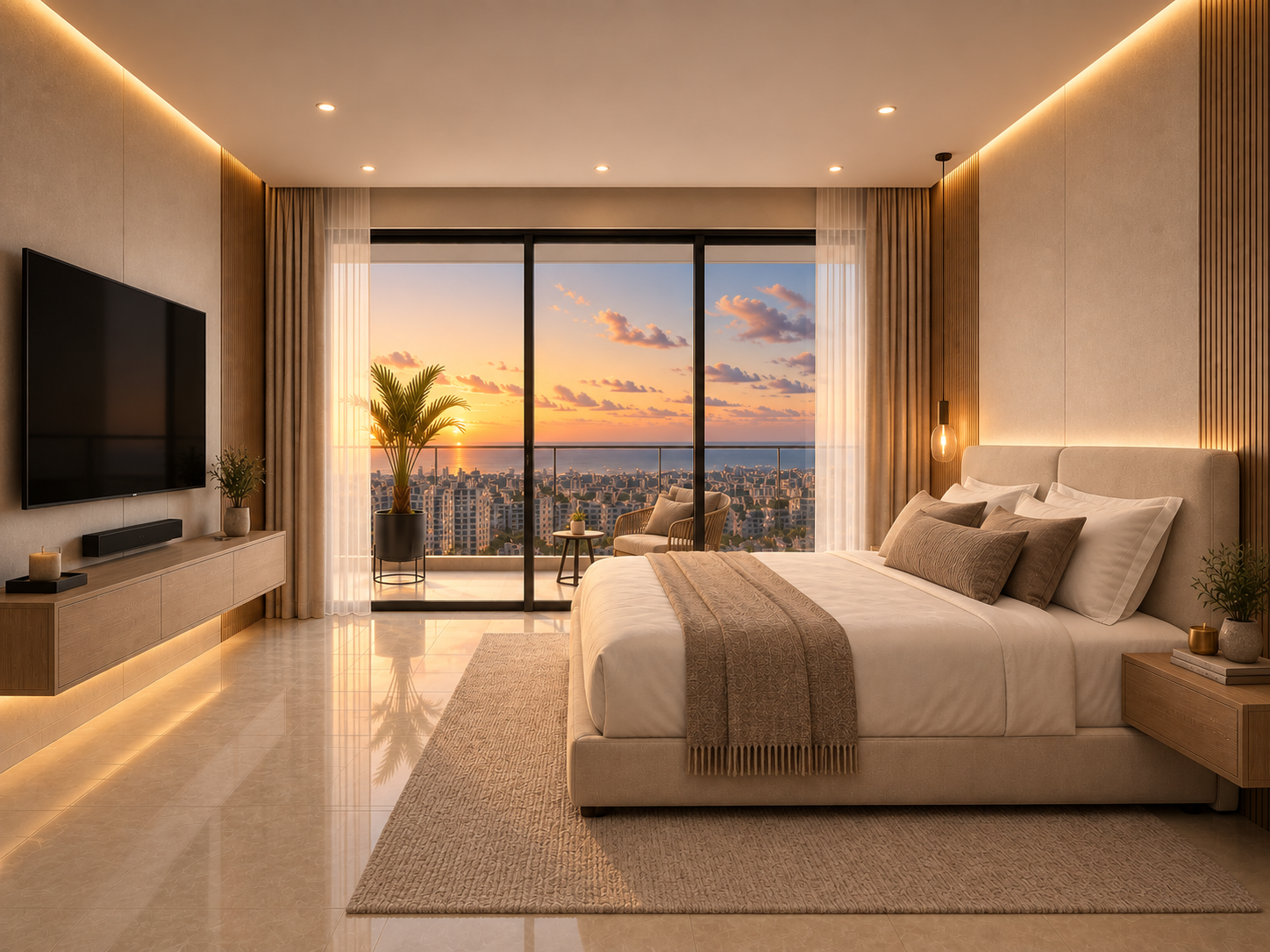 Dormitorio principal de Mena Tower al atardecer