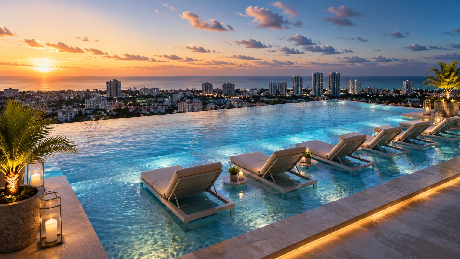 Piscina infinity de Mena Tower al atardecer