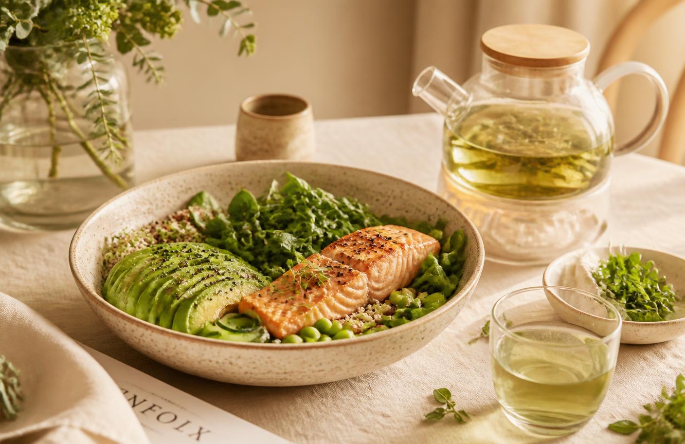 Salmon bowl with green tea