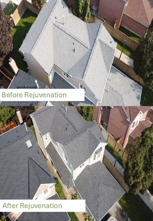 Aerial view of roof rejuvenation before and after