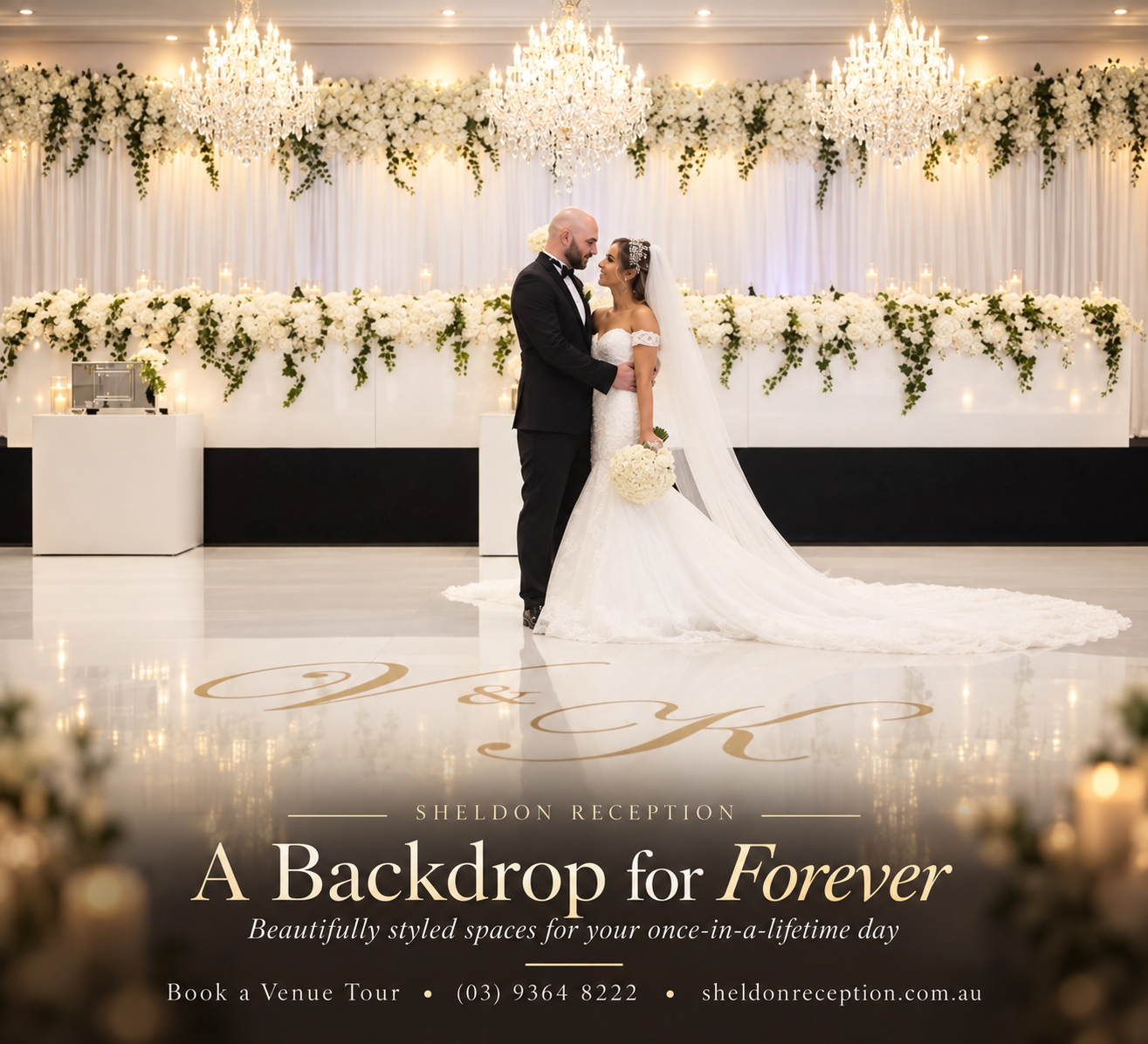 Grand wedding entrance and tiered seating inside Bliss Ballroom