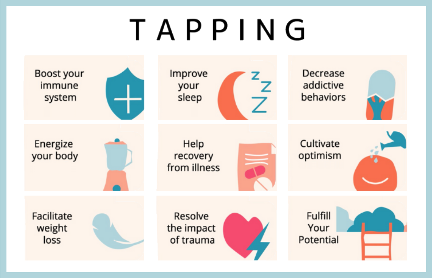 Chart showing TAPPING benefits: Boost your immune system, Improve your sleep, Decrease addictive behaviors, Energize your body, Help recovery from illness, Cultivate optimism, Facilitate weight loss, Resolve the impact of trauma, Fulfill your potential