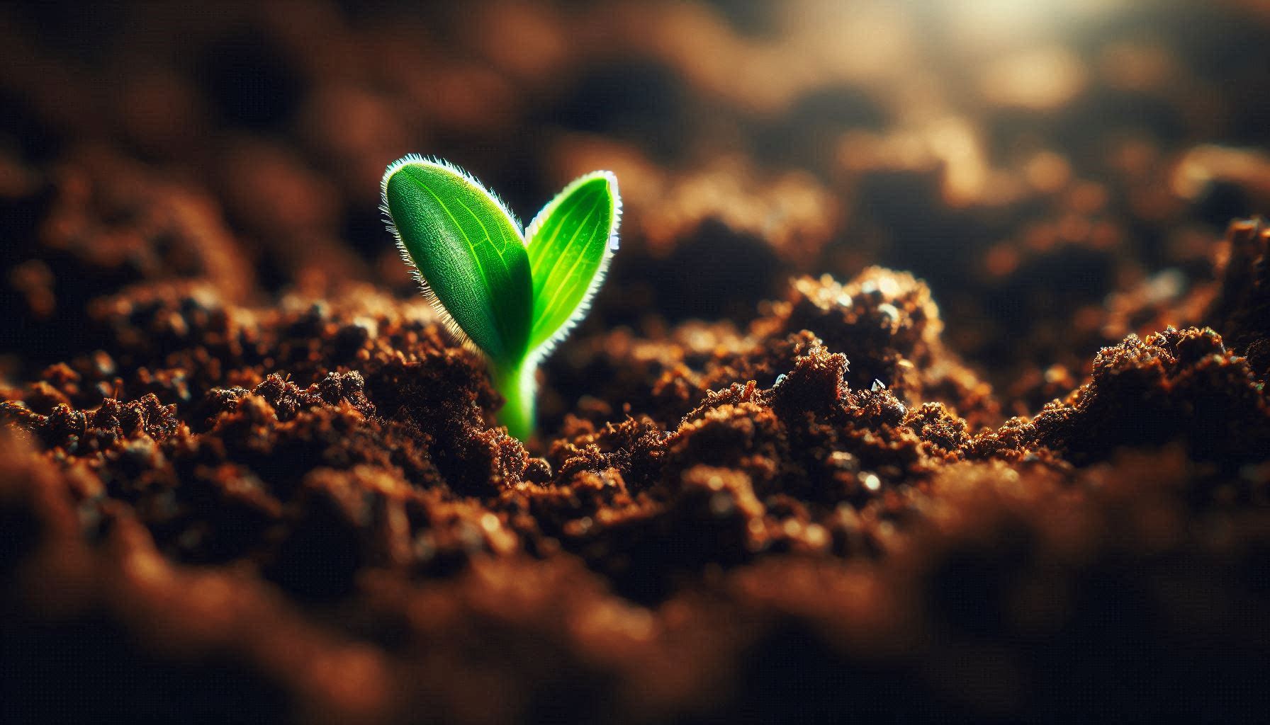 A young plant emerging from soil, symbolizing growth occurring without certainty or visibility.