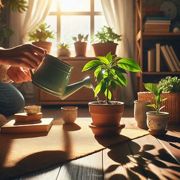 A person watering a small houseplant, symbolizing steady care, dignity, and incremental progress