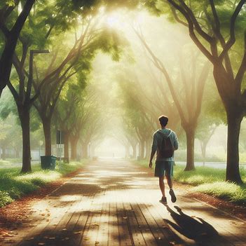 A person walking along a peaceful path, representing mindful movement and supportive personal practices.