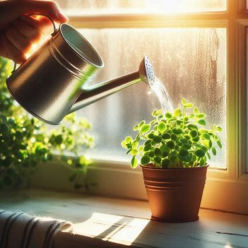 A small plant being watered in sunlight, symbolizing appreciation for gradual progress.