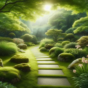 A flat stone path through a peaceful garden, representing stable ground and steady progress during the plateau stage.