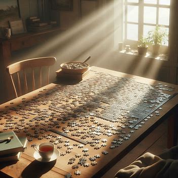 A partially completed puzzle on a table, symbolizing effort invested without a clear final outcome.