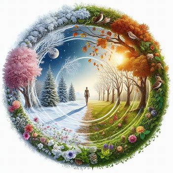 A circular illustration of the seasons changing around a human figure, representing cycles of growth and transformation.