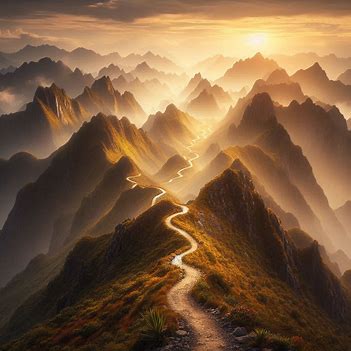 A winding mountain path through changing weather, symbolizing slow growth and life’s challenging journeys.