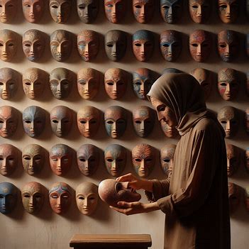 A person removing a mask from a wall of masks, symbolizing letting go of old identities and roles.