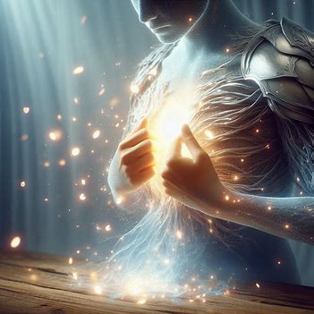 A person removing glowing armor that dissolves into light, symbolizing emotional healing and letting go of excessive protection.