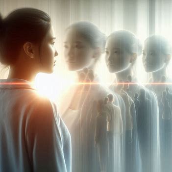 A person looking at multiple past versions of themselves standing behind them like fading silhouettes, symbolizing honoring past identities and growth.