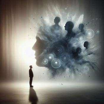 A person surrounded by fading silhouettes representing internalized voices and the inner critic.