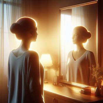 A person looking into a softly glowing mirror representing self-reflection with curiosity.