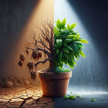 Two plants, one wilted and one thriving, representing growth with and without compassion.