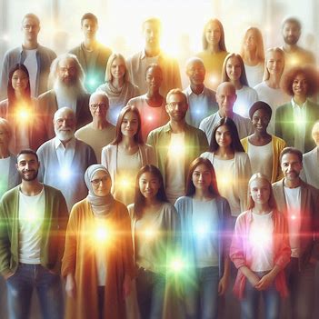 A group of people each glowing uniquely, representing individual worth without competition.
