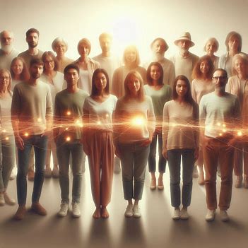 A group of people with light connecting them, representing moving from separation to connection.