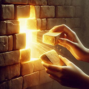 A person removing bricks from a wall with light shining through, representing unlearning beliefs and inner transformation.