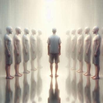 A person surrounded by faint mirrored versions of themselves, representing inauthenticity and pressure to be someone else.