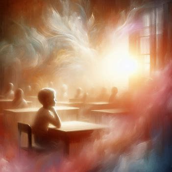 A child in a soft, dreamlike classroom fading into light, representing early experiences of comparison and learned self-worth.