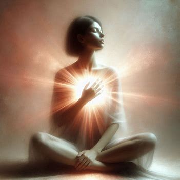 A person sitting with their hand on their chest, eyes closed, surrounded by soft light, representing pausing, self-compassion, and giving yourself grace. A person sitting with their hand on their chest, eyes closed, surrounded by soft light, representing pausing, self-compassion, and giving yourself grace.