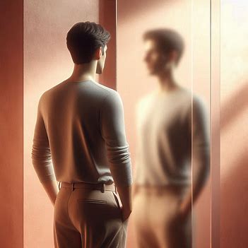 A person looking at their reflection in a glass panel, with the reflection slightly distorted, representing perception and how what we see may not be the full picture. A person looking at their reflection in a glass panel, with the reflection slightly distorted, representing perception and how what we see may not be the full picture.