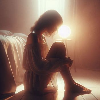 A person sitting quietly with a slightly hunched posture in soft dim light, with a gentle glow nearby, representing self-reflection, emotional heaviness, and the start of self-compassion. A person sitting quietly with a slightly hunched posture in soft dim light, with a gentle glow nearby, representing self-reflection, emotional heaviness, and the start of self-compassion.